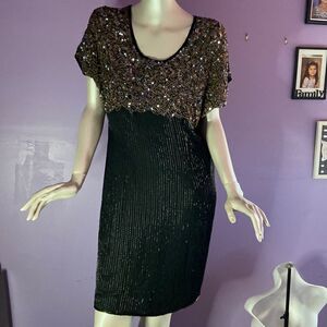 Stenay Black Beaded Dress 100% Silk Size 14 | Short Sleeve Empire Waist Cocktail